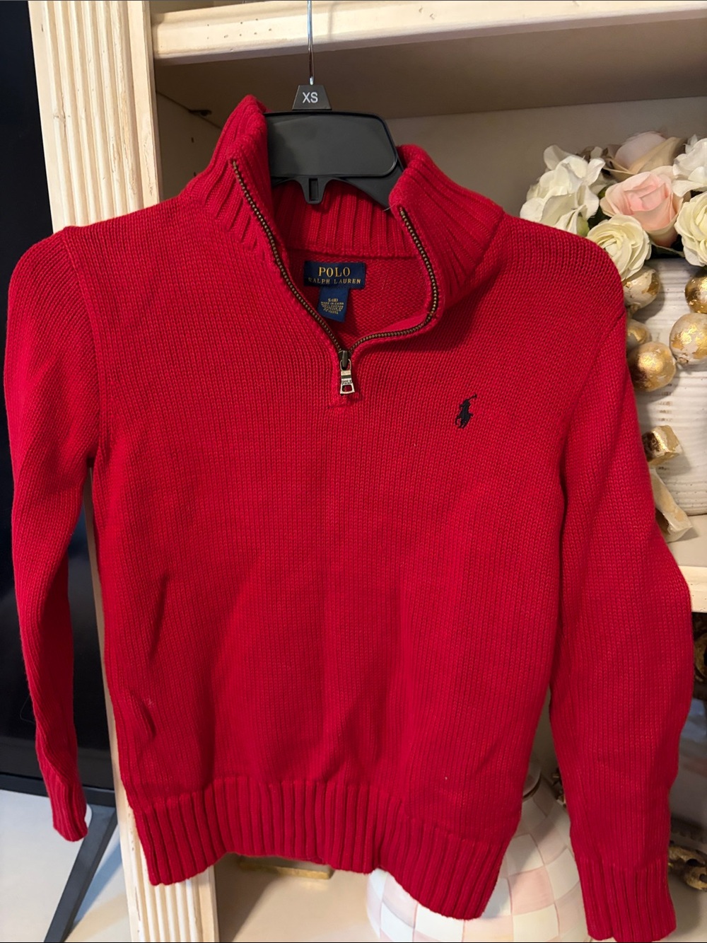 Polo by Ralph Lauren Red Half-Zip Sweater with Navy Pony boys small 8